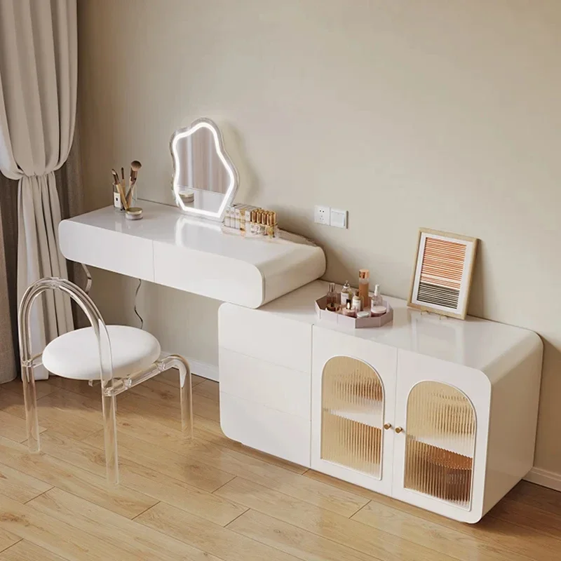 

A Bedroom Dresser Storage Chest of Drawers Integrated Modern Minimalist Dresser Cream Wind Retractable Solid Wood Makeup Table