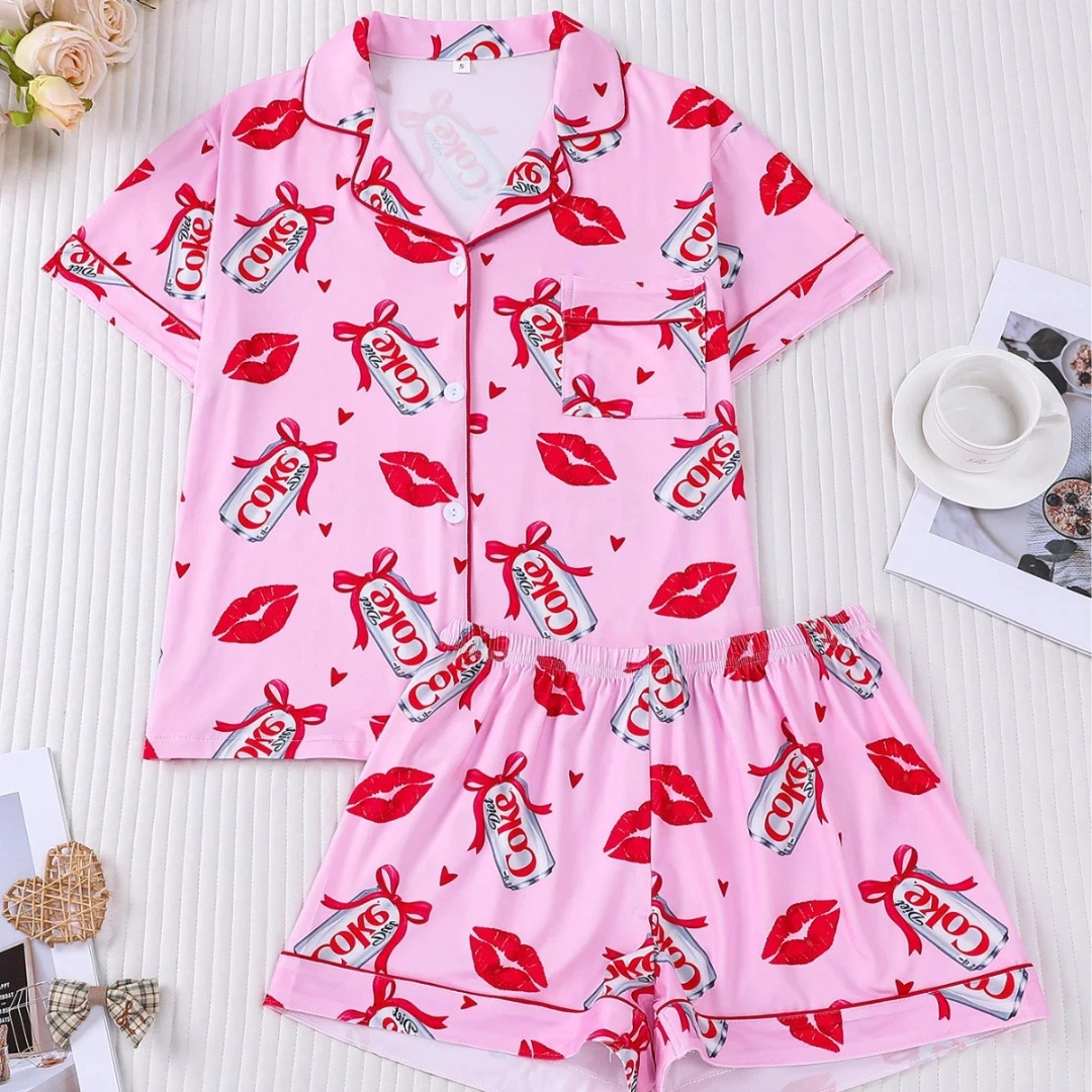

Pink Women Pajama Set Drink Themed with Cola Print Lapel Shorts-sleeved and Shorts Pants Home Wear Gifts