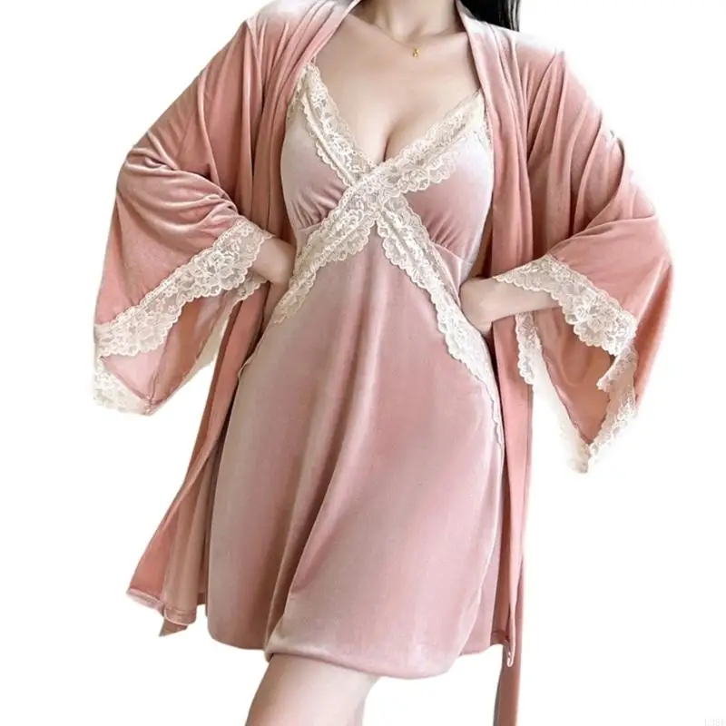 L38E Nightgown with Matching Long Robe Set 2Piece Lace Cami Nightgown with Robes