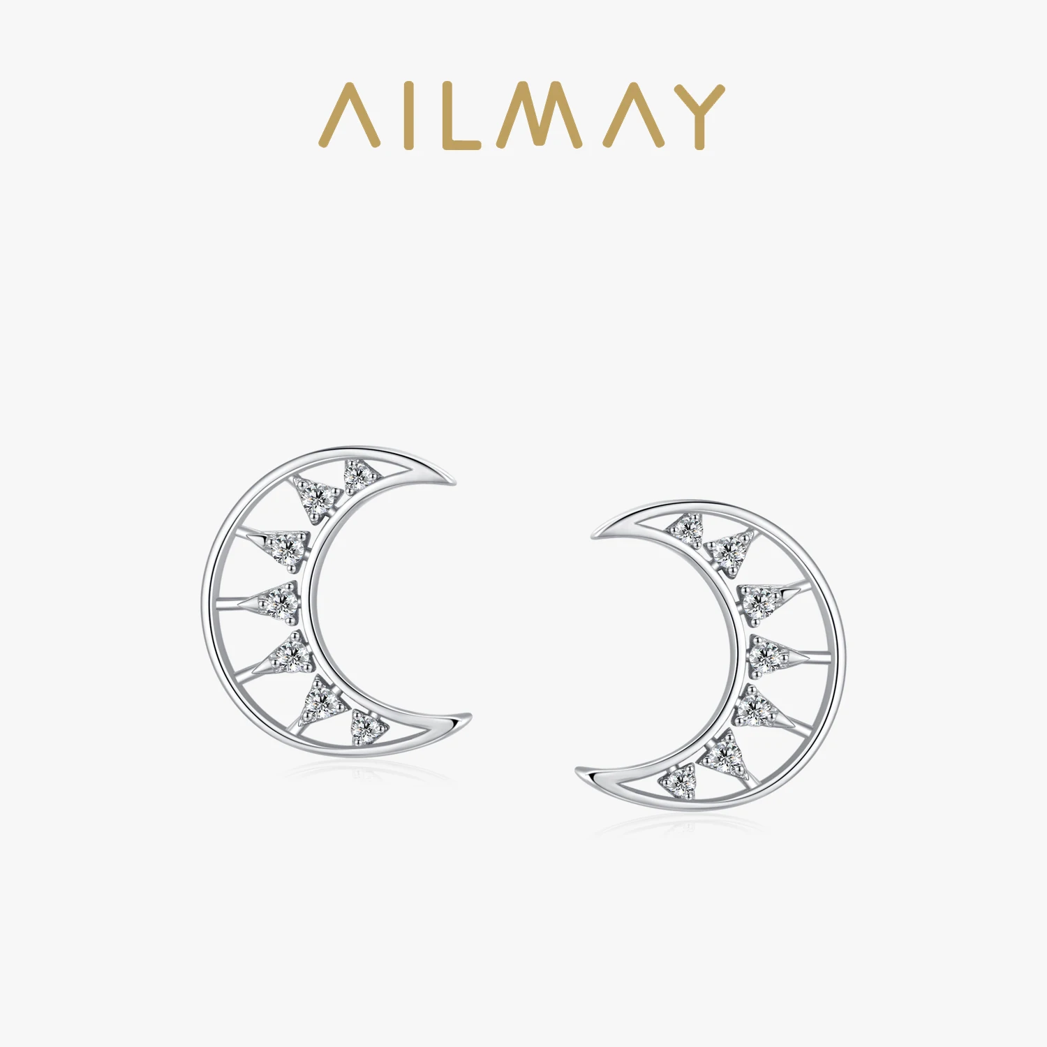 Ailmay Fashion 925 Sterling Silver Cubic Zirconia Charm Moon Shape Stud Earrings For Fine Female Elegant Romantic Jewelry