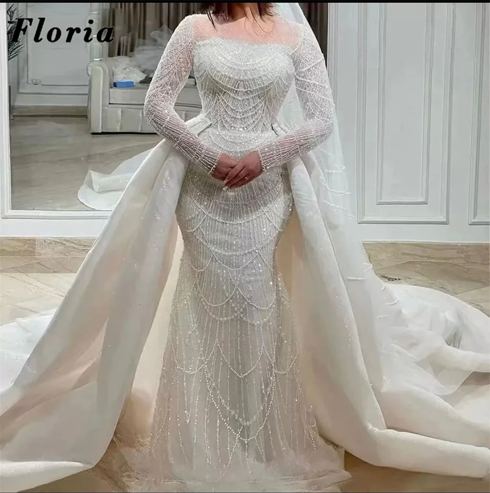 Ivory Mermaid Wedding Dresses Muslim Dubai Pearls Long Sleeves Bride Evening Dresses Long Skirt Haute Coutures Bridal Gowns 2025