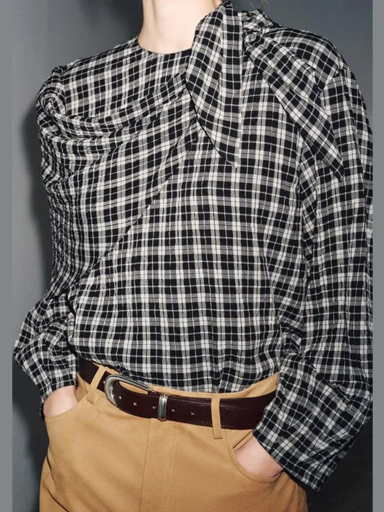 Retro Boog Lace Up Geruit Shirt Vrouwen Casual Ronde Hals Lange Mouw Losse Blouse Dame 2025, Herfst Dagelijks Pendelen Uitloper Nieuw