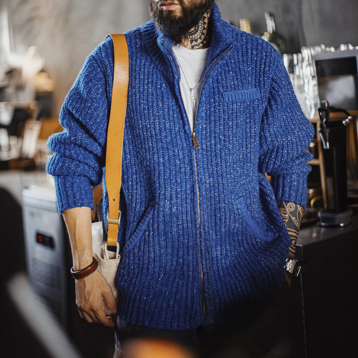 Maden Men's Zip Up Cardigan Cobalt Blue Knit Sweater Mock Neck Full Zip Jacket Heavyweight Warm Workwear Casual Fall Winter