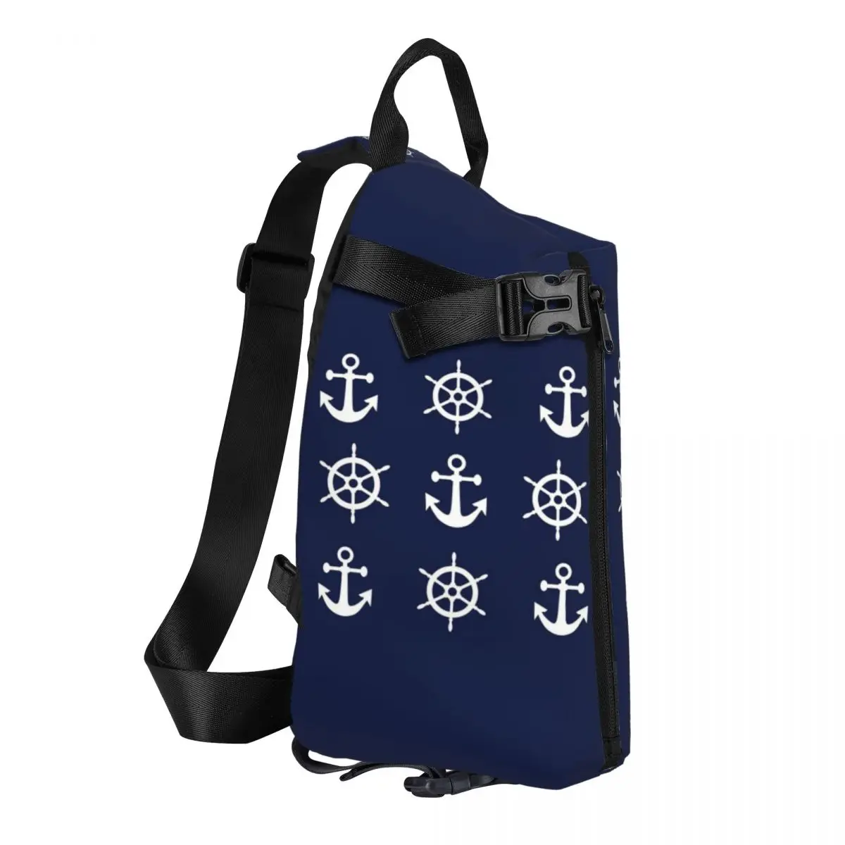 Nautical White And Navy Blue Anchors And Wheels Chest Bag Men Sling Crossbody Backpack Chest Bag Travel Daypack Shoulder Bag