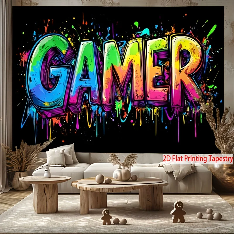 1Pc 2D Flat Printing Gamer Cool Print Tapestry Wall Hanging, Suitable For Bedroom Living Gaming Room Decor With Free Accessories