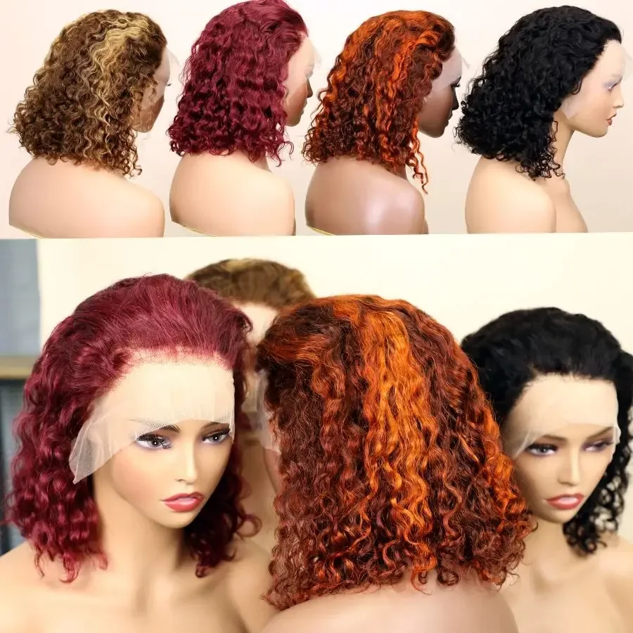 

Water Wave Short Bob Lace Front Human Hair Wigs Brazilian Remy Transparent 13x4 Lace Frontal Wigs 4/350 4/27 99J Color Bob Wigs