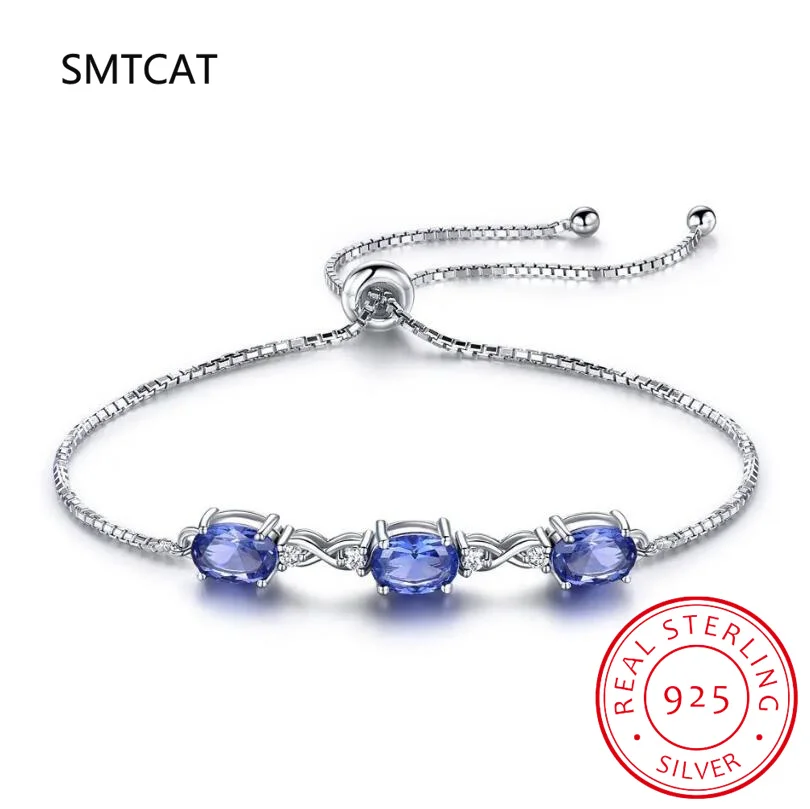 

Oval Cut Created Blue Sapphire 925 Sterling Silver Bracelet Adjustable for Women Gemstone Statement Jewelry Pulseiras de Prata
