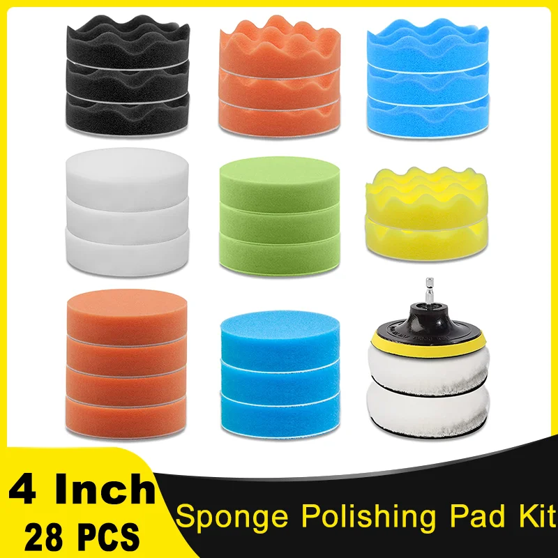 4 Inch Sponge Polishing Pad Kit 28 Pcs with Hex Shaft for Car Wash Rust Bathroom Cleaning Paint Finish Water Stain Removal