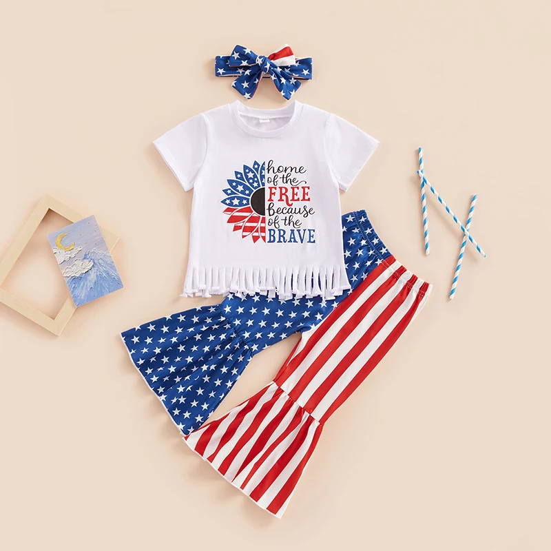 Girls 3-Piece Outfit Set Stylish Short Sleeve Top with Round Neck Star and Stripe Bell-Bottom Pants Matching Headband