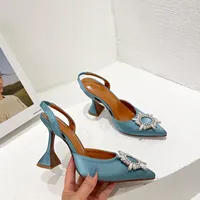Large 43 Blue Women's High Heels Silk Satin Pointed Toe Rhinestone Crystal Heels Slip on Women's Wedding High Heels Sandals 2025