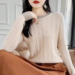 100% Wool Sweater Women Patchwork O-neck Long Sleeve Top Loose Casual Loose Knit Female Pullover Autumn Winter Jumper Clothing