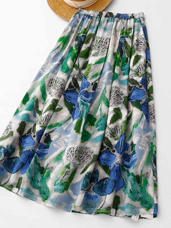 

Ele Floral Print A-Line Midi Skirt Elastic Waist Large Size Women Summer Casual Cotton Blend High Waist Pear Body pe