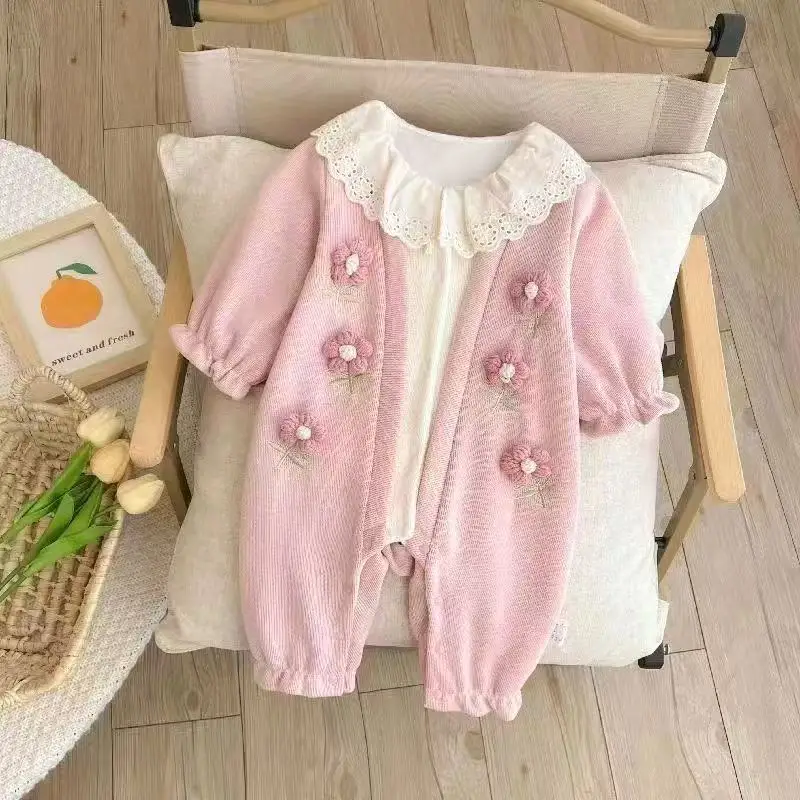 

Pink Lace round Neck Romper Suit for Baby Girls Newborn Spring Outdoor Cotton Lined Clothes Comfortable Soft Baby Outfit