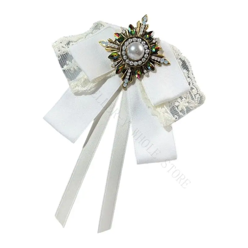 R7UF Lace Ribbon Tie Brooch Pin Detachable Traditional Collar Flower Hand Embroidered For Women Shirt Dress Wedding Graduation