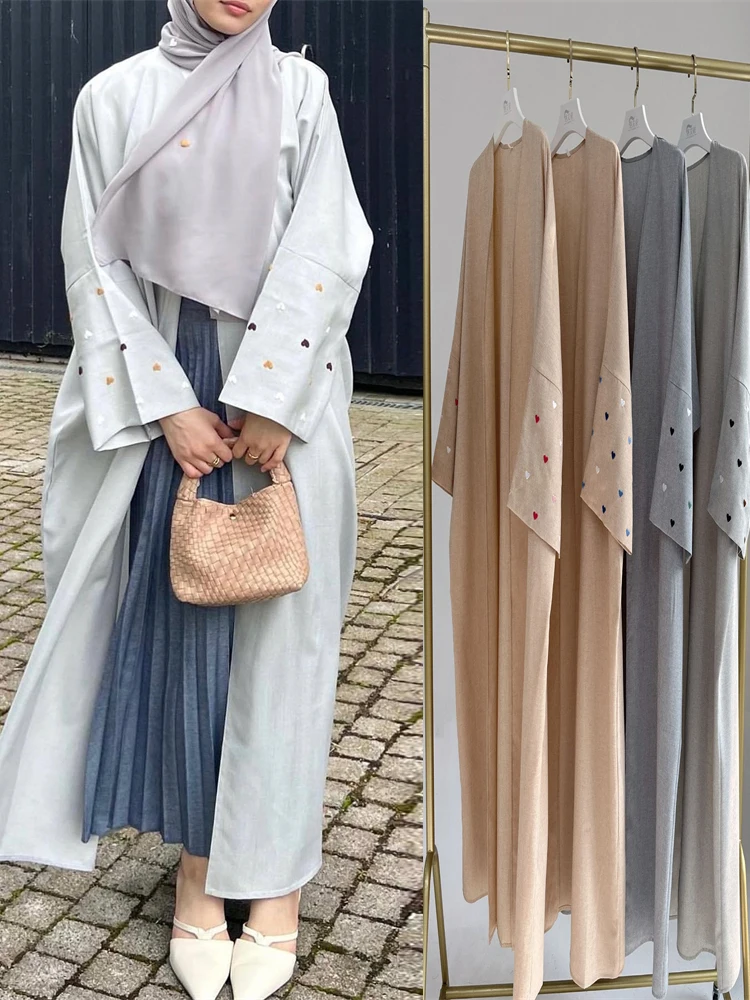 Ramadan oração dubai linho coração manga abaya quimono kebaya turquia islam muçulmano vestido modesto feminino kaftans robe femme musulmane