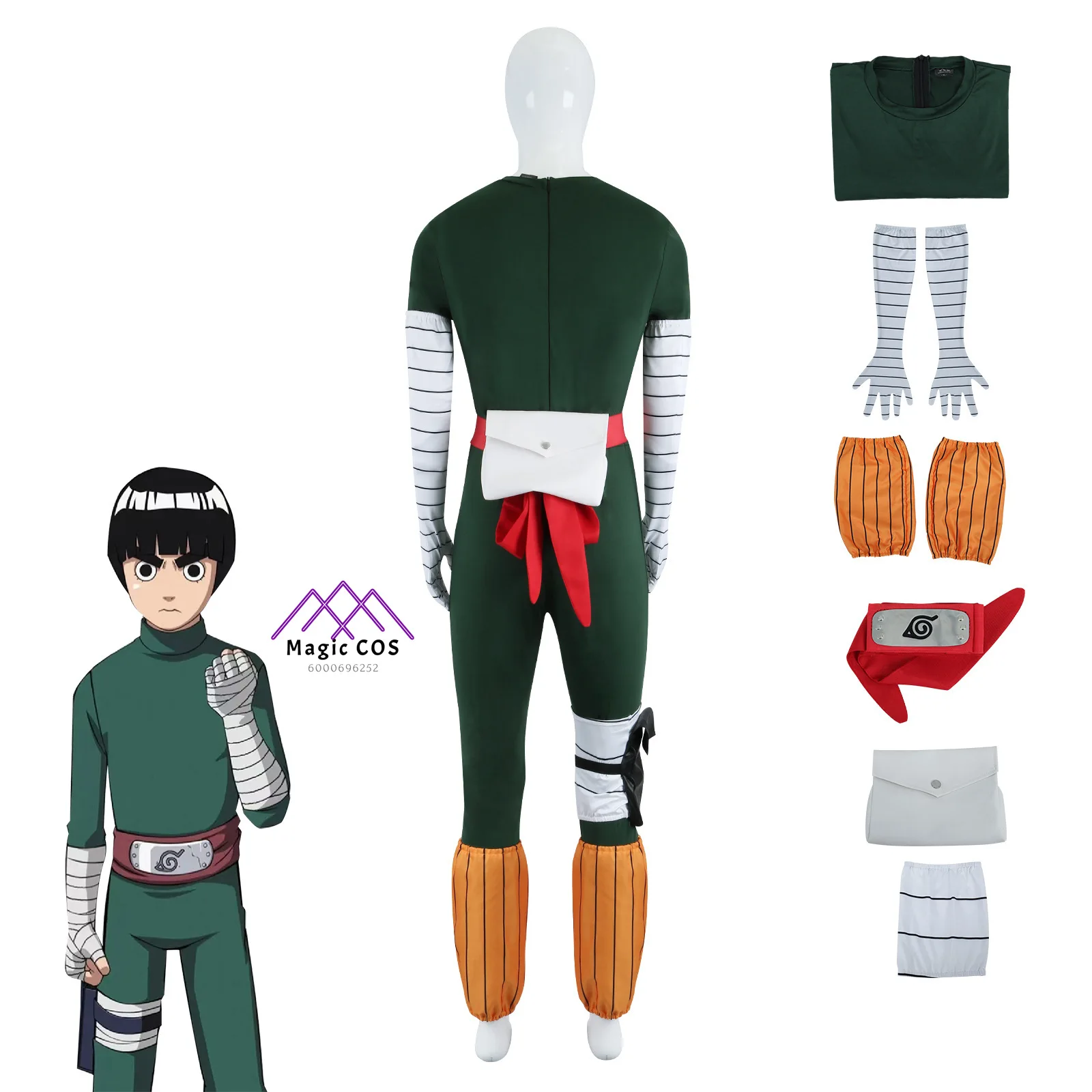 In Stock Anime Ninja Rock Lee Cosplay Costume for Man Combat Uniform Hero Tight Jumpsuit Wig Accessory Suit Halloween Party