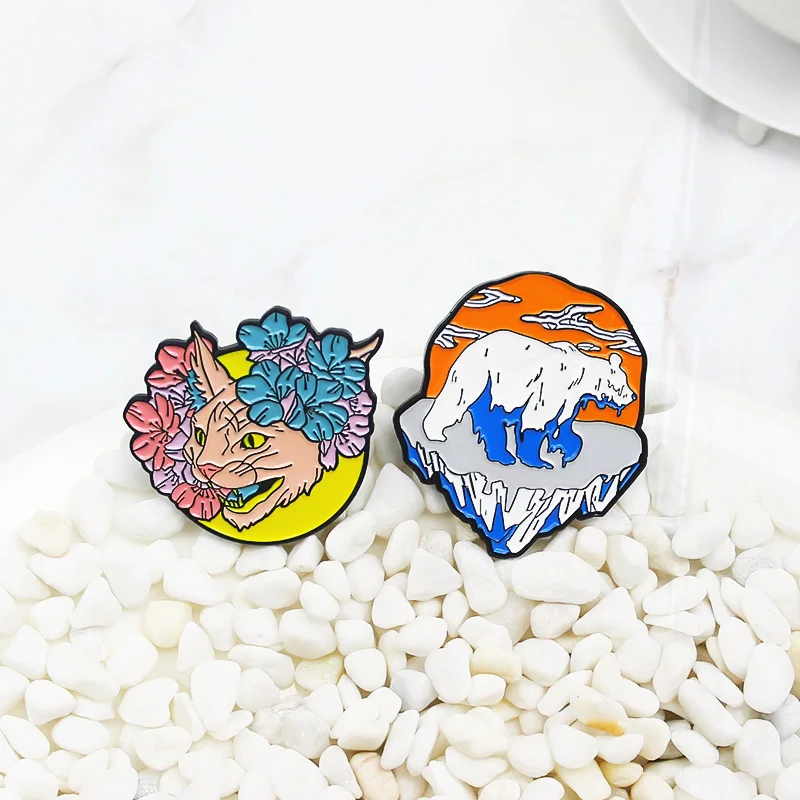 Flower Hairless cat Glacier Pines Lapel Bag Jewelry Gift for Kids Spille Natural Animal Enamel  Brooch Cat Bear Polar bear Moon