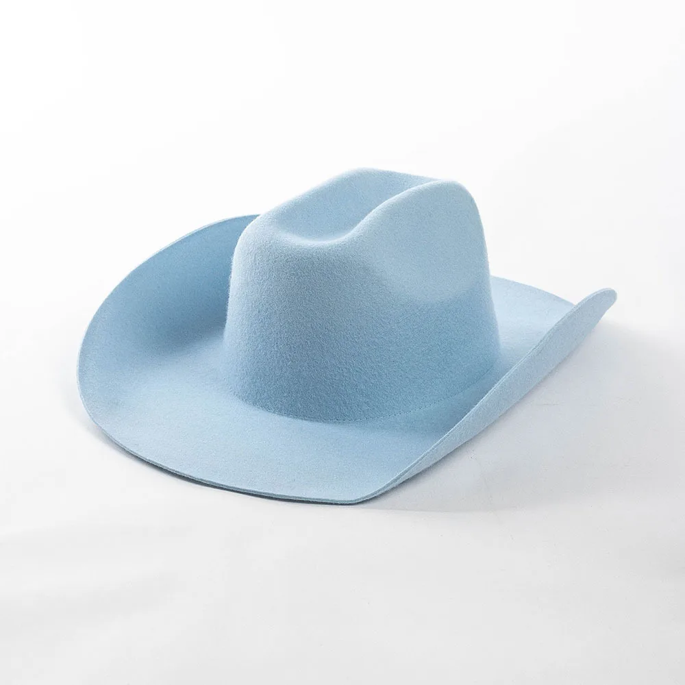 Wool cowboy hat blue men\'s and women\'s jazz hat European and American fashion casual rolled edge wool felt cowboy hat