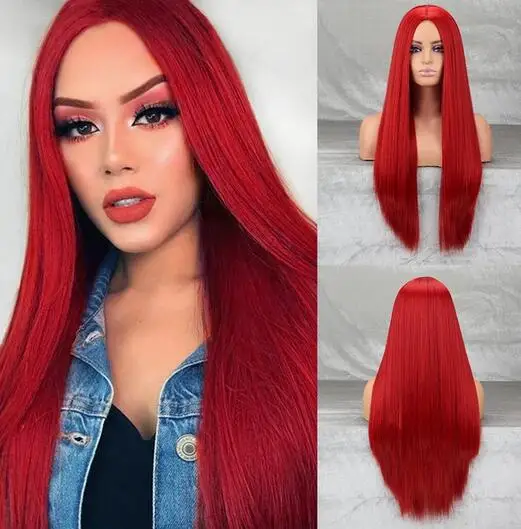 

Long Synthetic Red Wig Straight Middlepart Cosplay Wig For Girls Sally Red Dress Up Wig For Party Wig For Halloween Wig