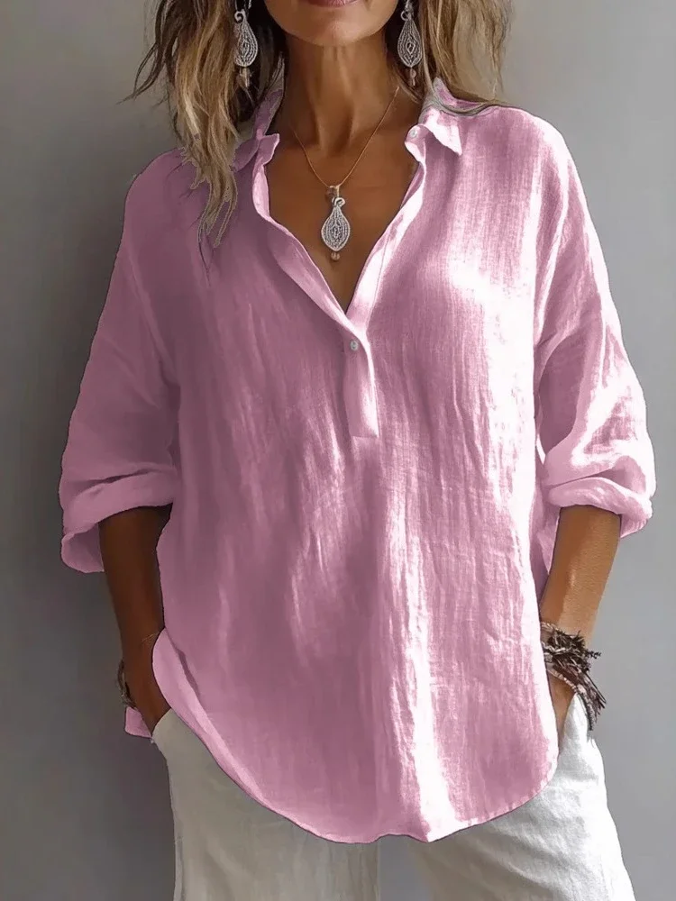 New in Summer New Elegant Cotton Linen Shirts Women Casual Solid Button Lapel Blouses Shirts Long Sleeve Loose Tops Tunic Tops