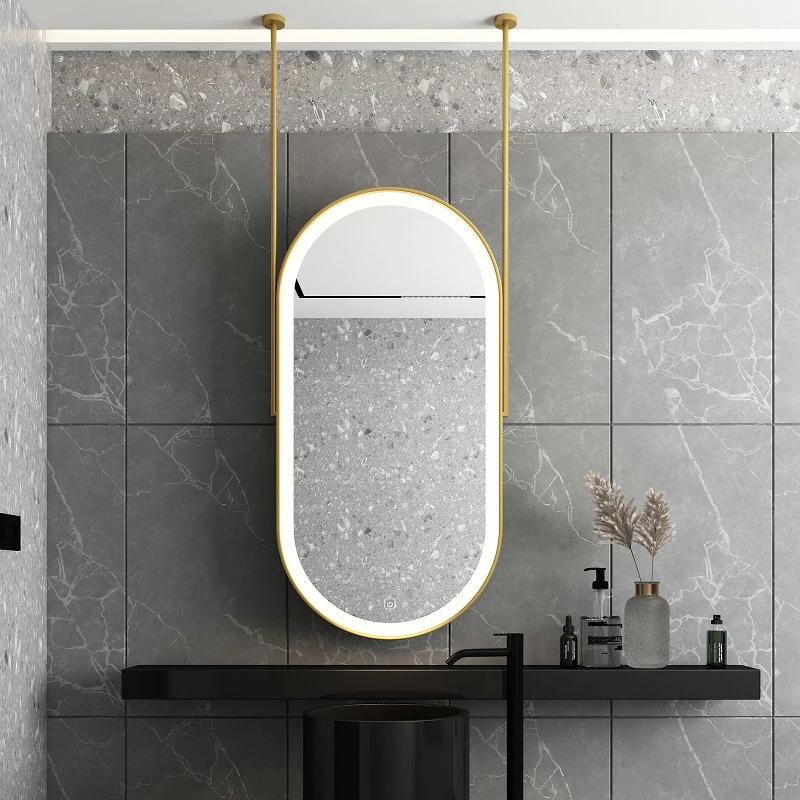 Oval ceiling hanging mirror in hotel bathroom, double hanging rod, illuminated mirror, suspended bathroom mirror in homestay