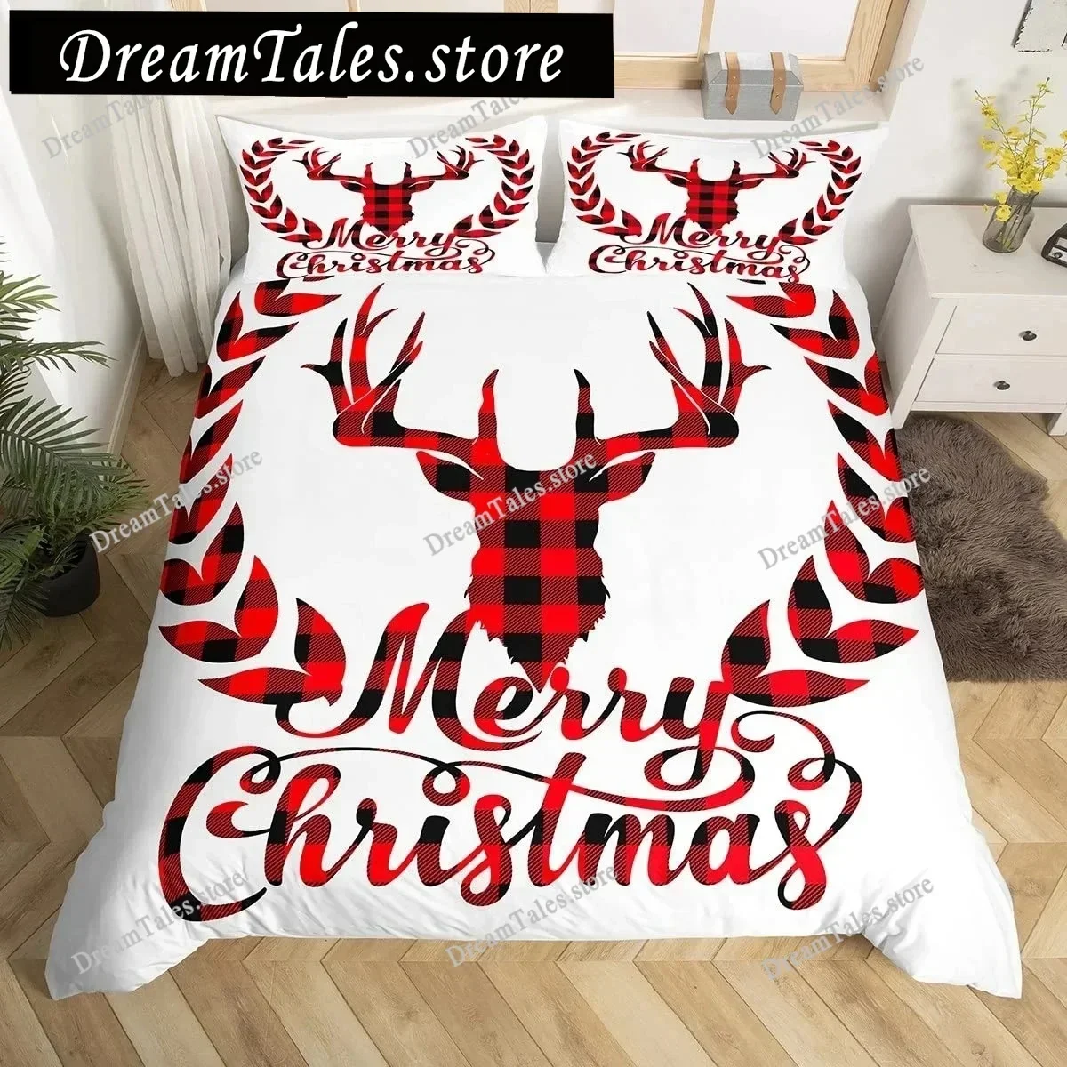 Merry Christmas Duvet Cover Set,Red Buffalo Checked Rustic Truck Comforter Cover,Plaid Xmas Tree Elk Deer Snowflake Bedding Sets