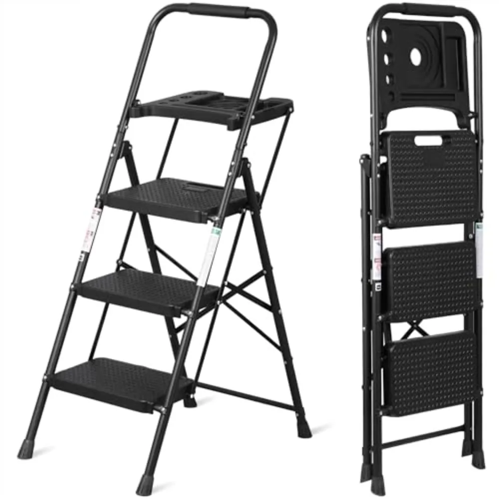 3 Step Ladder with Tool Tray, Folding Step Stool with Wide Anti-Slip Pedal and Handgrip, Heavy Duty Steel Step Ladder