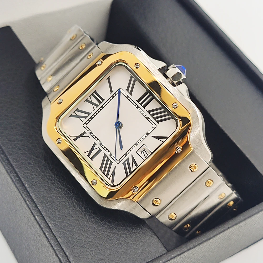 Square men's and women's watches, men's and women's automatic watches, stainless steel bamboo strap casual watches