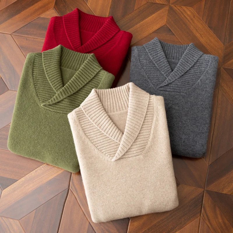 Men's Round Neck Pullover Cashmere Knit Bottoming Shirt 100% Pure Wool Loose Solid Color Casual Jacquard Sweater
