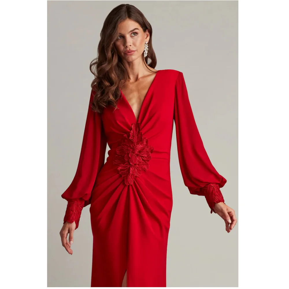 

Customized Elegant Pleat Flower Trumpet V-neck Long Mother of The Bride Dresses Classic Exquisite Women Wedding Guest Dress