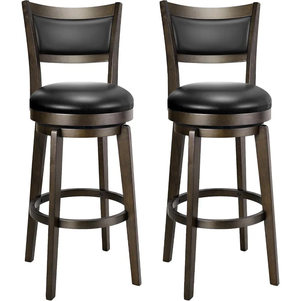 Swivel Bar Stools Set of 2, 30 Inch Bar Height Barstools, Black Faux Leather Bar Stool with High Backrest & Solid Wood Legs