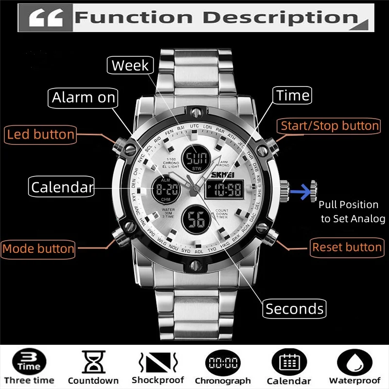 Skmei Waterproof Analog Quartz Watch Steel Strap Dual Display Three Time Zone Led Digital Wirstwatch for Man Relogio Masculino