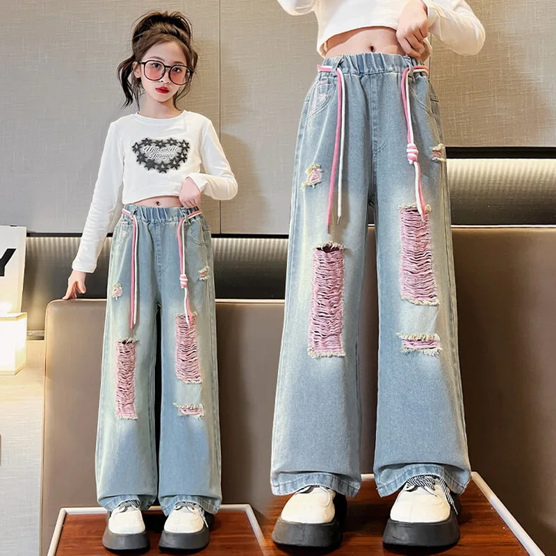 Girls High Fashion Ripped Broken Star Jeans with Holes Tweens Child Street Style Destroyed Denim Pants Kids Trousers Age 4-14 Y
