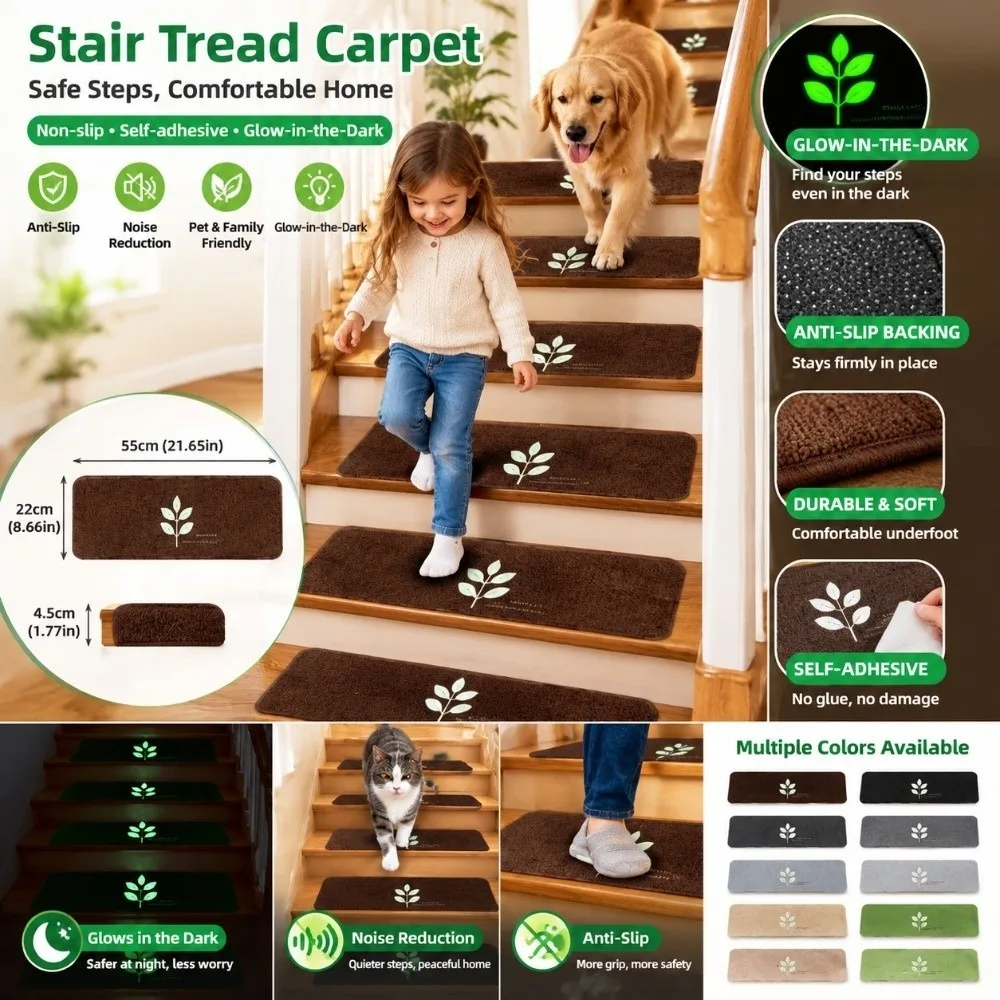 Glow in the Dark Stair Treads Self Adhesive Noise Reduction Luminous Stair Mats Non Slip Washable Stair Rugs Strips for Elderly