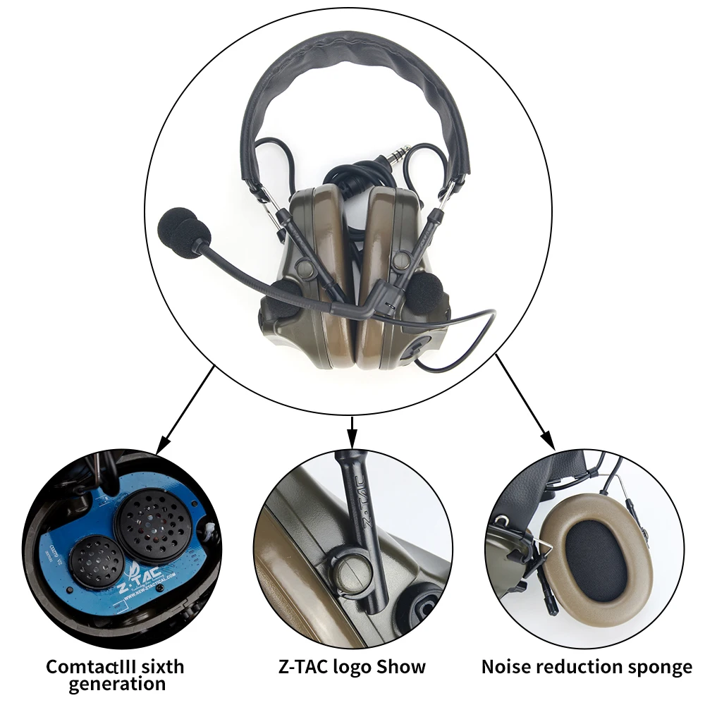 Z-TAC Tactical Comta III Headset Military Active Headphones Noise Canceling Baofeng UV-82 Kenwood PTT Hunting Accessories