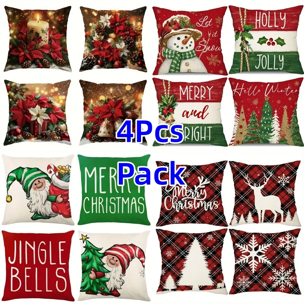 4pcs Christmas Throw Pillow Covers - Zip Closure, Machine Washable, Assorted Colors - Perfect for Living Room & Bedroom Decor