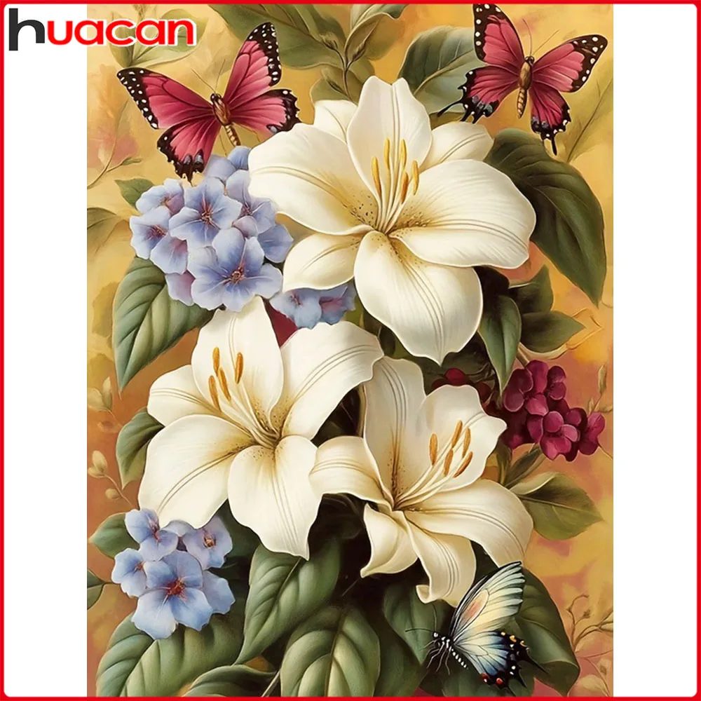 Huacan Vollquadrat Rundes Diamantgemälde Lilie Schmetterling Diamant Stickerei Blume Komplettset Heimdekoration
