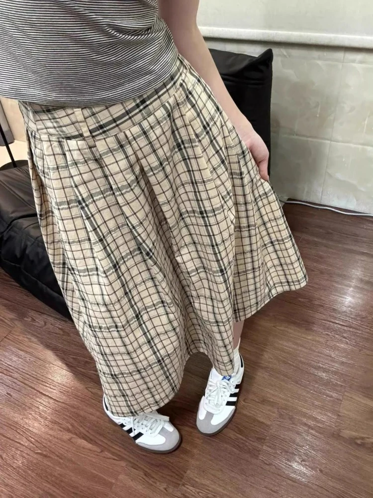 Deeptown Vintage Plaid Skirt Women Preppy Style Harajuku Long Skirts Japanese Style Casual High Waist Maxi Skirts Streetwear