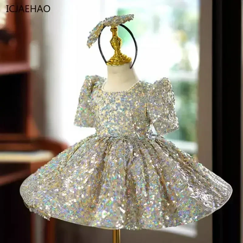 

2025 Girl Birthday Party Luxury Sequin Short Sleeved Round Neck High End Ballroom Clothing Baby Kids Princess Dress