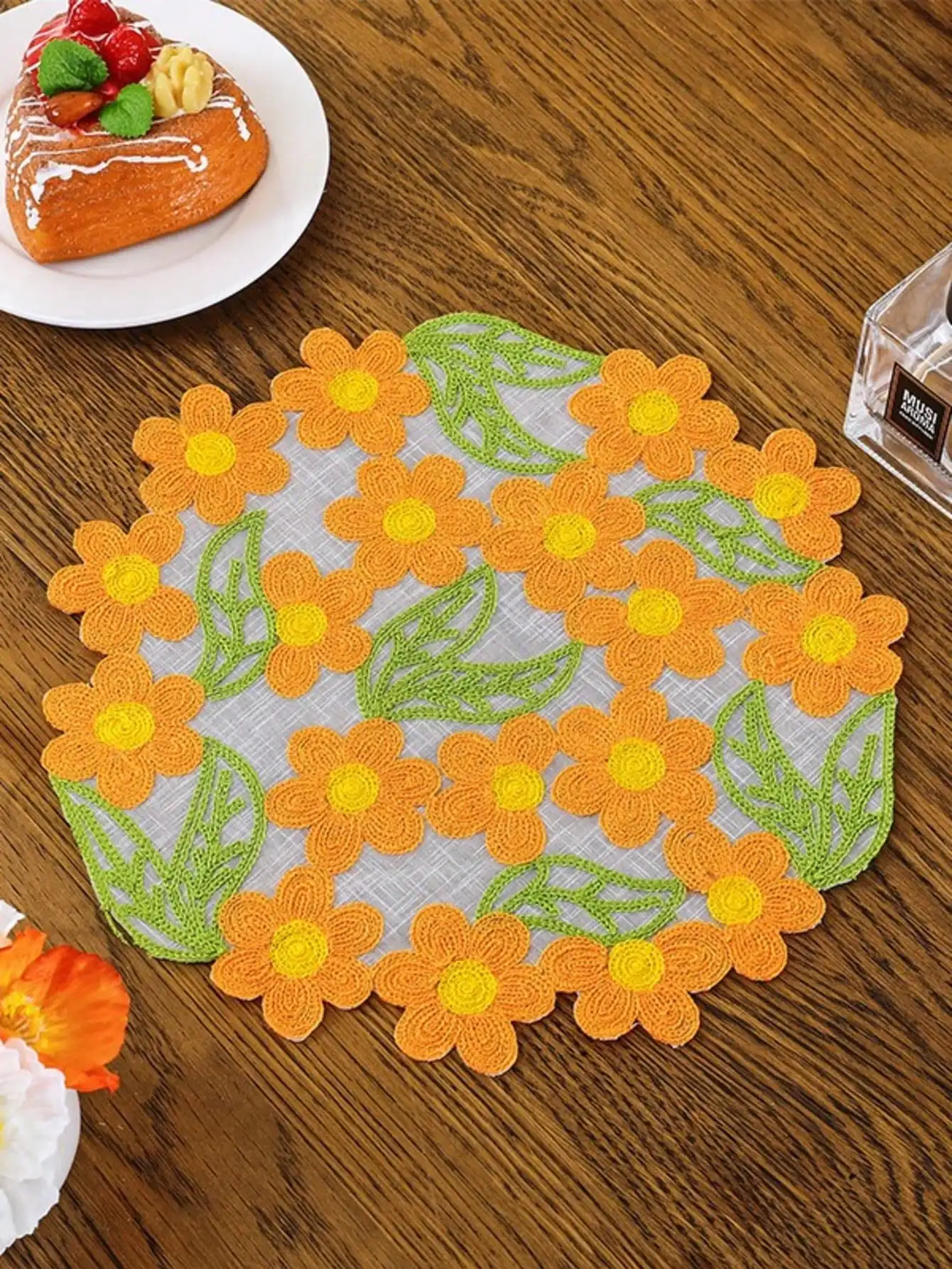 1/2/4/6pcs Floral Embroidered Round Placemats, Solid Color Dining Table Mats, Non-Slip Coasters For Home Kitchen view 6