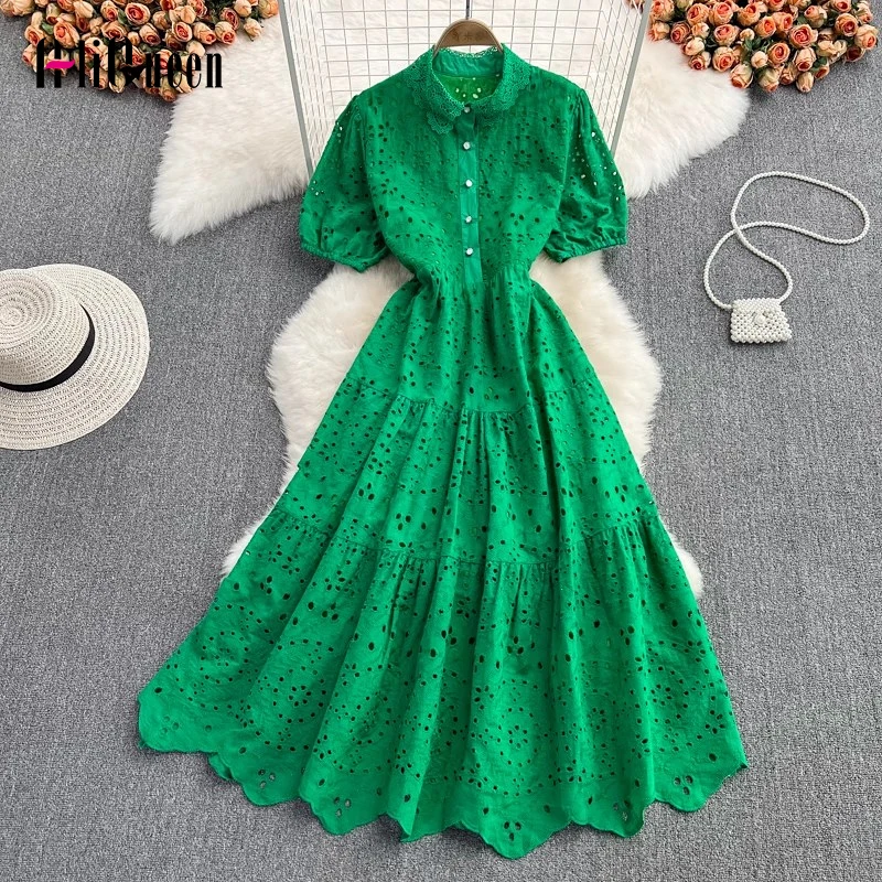 

Vintage Women Summer Embroidery Hollow Out Lace Midi Long Dress Elegant Lady Boho A Line Party Dresses Elbise Frocks Vestidos