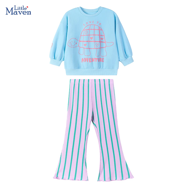 

Little maven 2021, детская одежда, хлопковая толстовка с капюшоном для маленьких девочек, свитшоты с рисунком черепахи + штаны, комплекты осенней одежды для детей