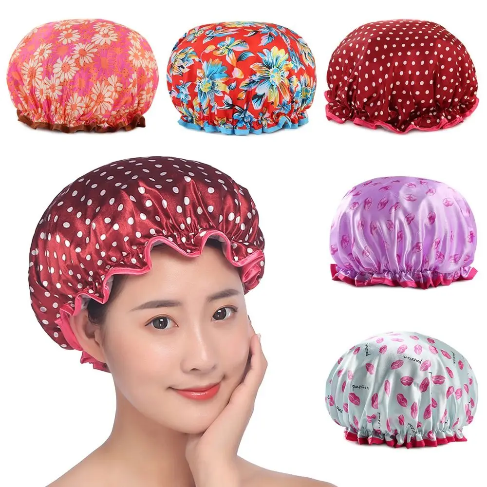 Universal Double Layer Design Waterproof Shower Caps Thickened Printing Breathable Bath Hat Reusable Drying Hair Cover