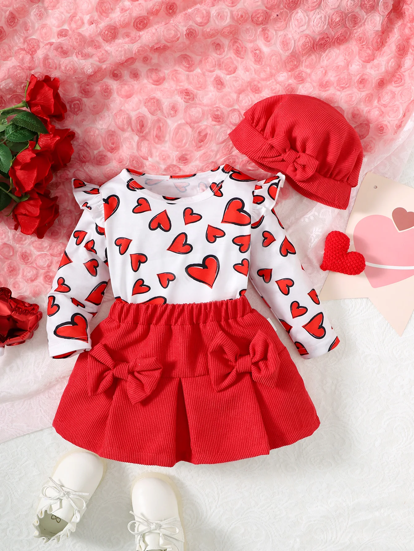 Spring And Autumn Baby Girl Fashion Round Neck Love Printed Long Sleeve Top Solid Color Bow Skirt Red Simple Hat Baby Suit