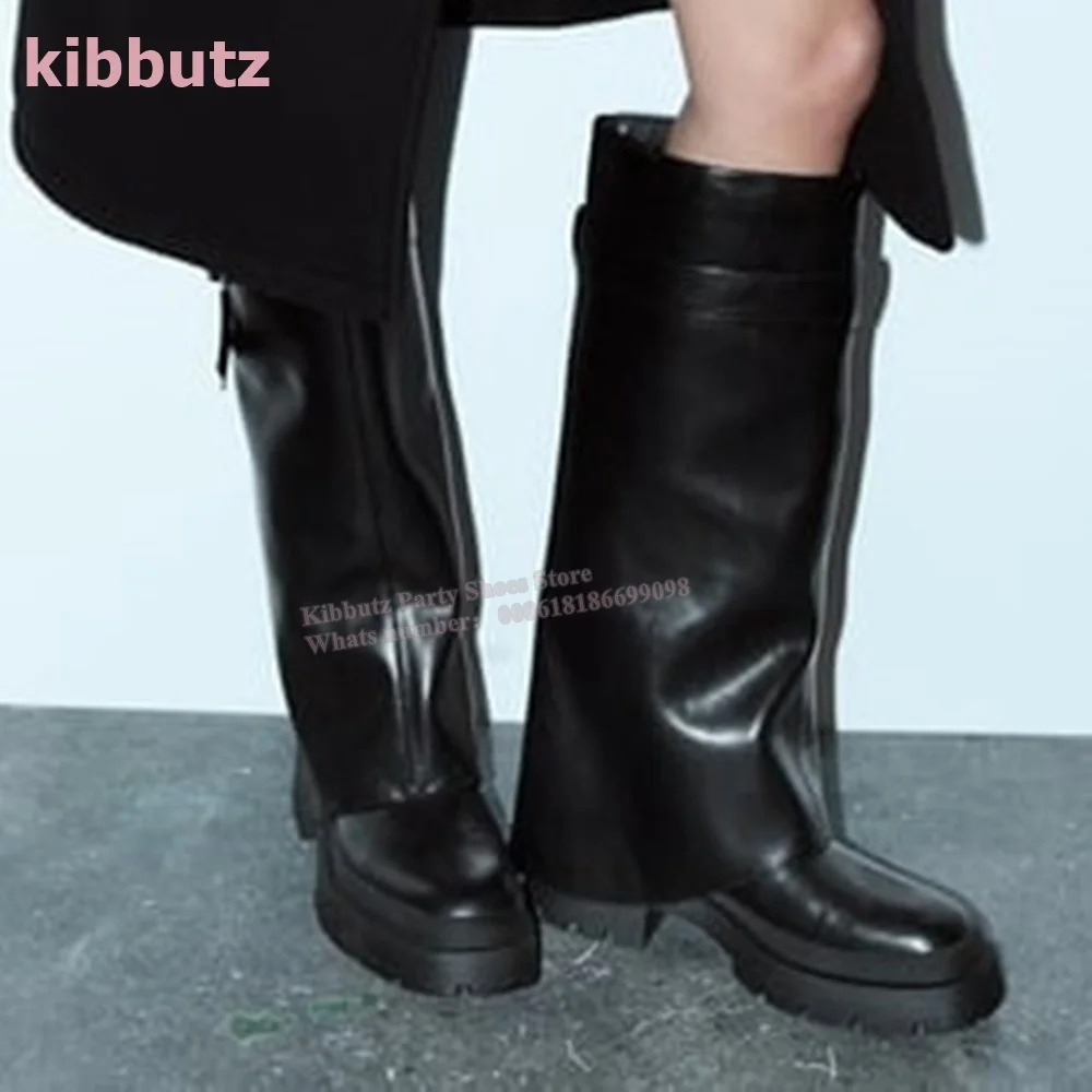 Knee High Knight Boots Turned-Over Edge Genuine Leather Solid Black Round Toe Square Heel Belt Buckle Fashion Elegant Women Shoe