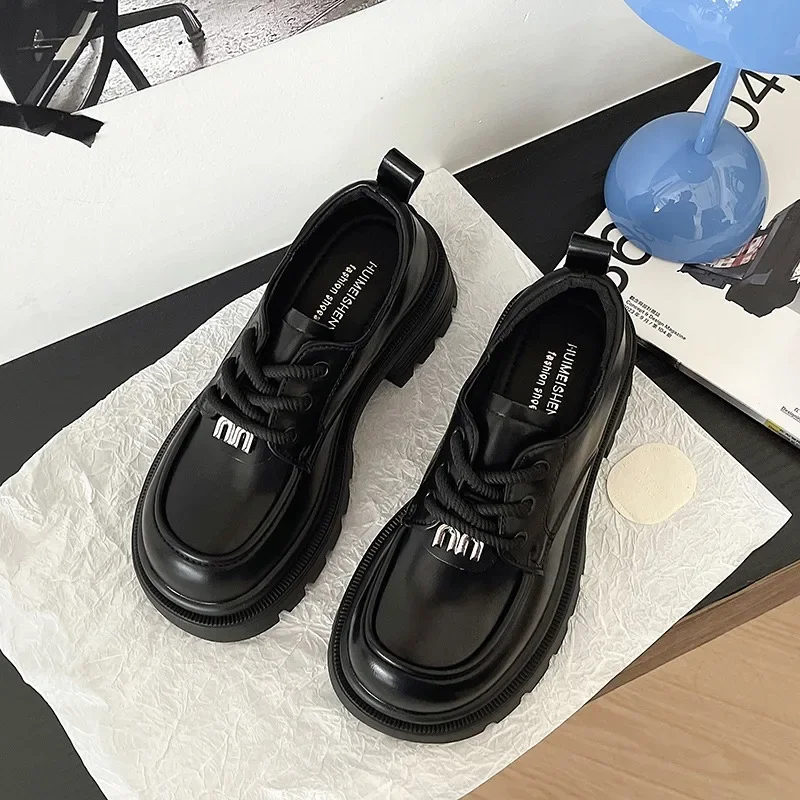 

Женские лоферы на шнуровке с круглым носком и квадратным каблуком, маленькие кожаные туфли, платье, рабочая платформа, подошва, весна-осень, новинка Zapatillas De Mujer