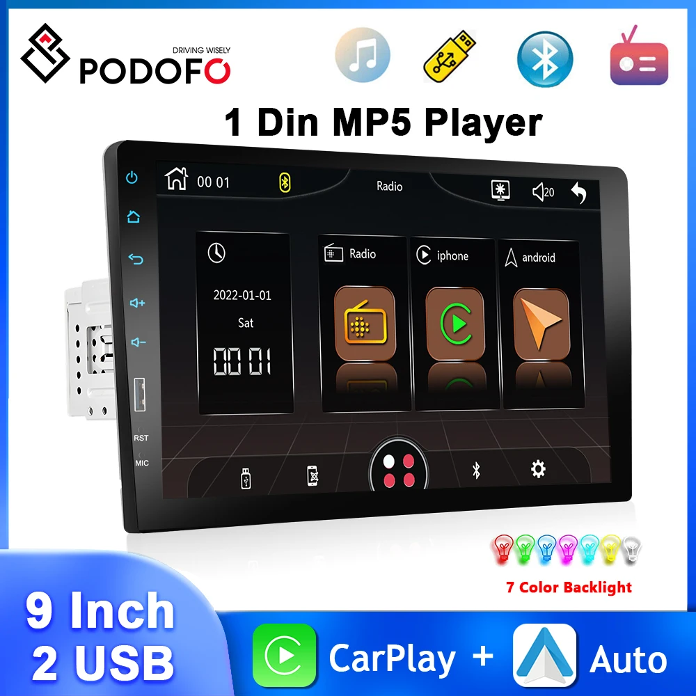 

Podofo 1 Din 9'' Car Stereo Carplay Android Auto MP5 Player Mirror Link Multimedia Player USB FM Radio 1din Universal Car Audio