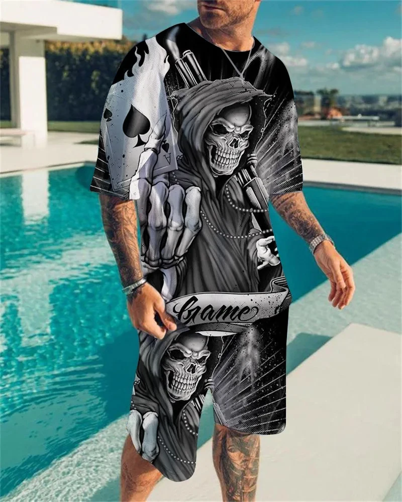 Unisex 3D Crânio Imprimir T-shirt e Shorts Set, O-Neck, Hip Hop, Horror, Moda, Camisola, Homens, Mulheres, 2pcs