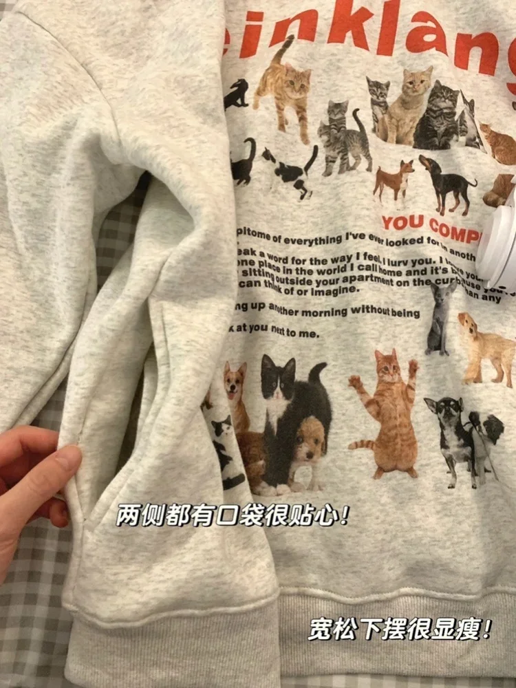 American Kawaii Cat Print Hoodie Sweatshirts Autumn New Loose Thicked Warm Tops Women Y2k Aesthetics Long Sleeve Sweatshirt