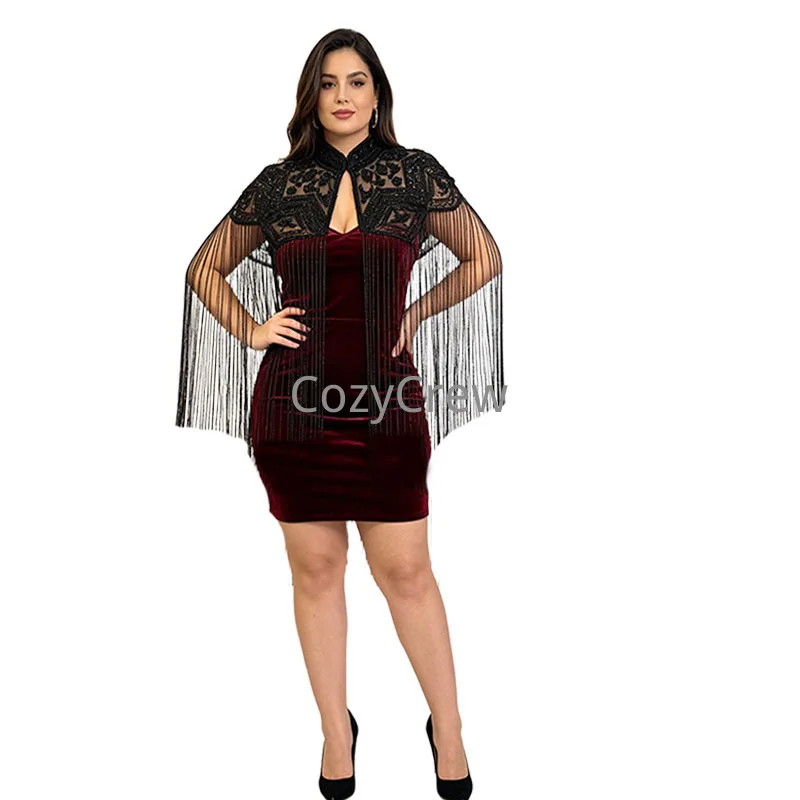 Black Beaded Embroidery Long Tassel YUNJIAN Cape Shawl, Stand Collar Shoulder Wrap Shrug for Evening Party Banquet Stage Formal
